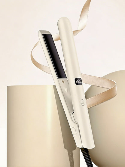 Blush pink adjustable temperature hair straightener with European plug from Trendsi, featuring ceramic plates for smooth styling.