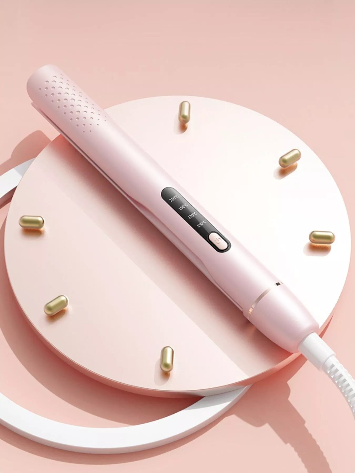 Blush pink Trendsi adjustable temperature hair straightener with European plug, featuring ceramic plates for smooth styling.
