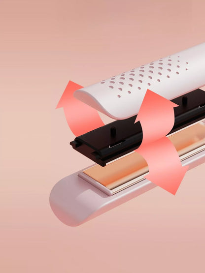 Blush pink adjustable temperature hair straightener with European plug by Trendsi, showing the sleek design and control buttons.