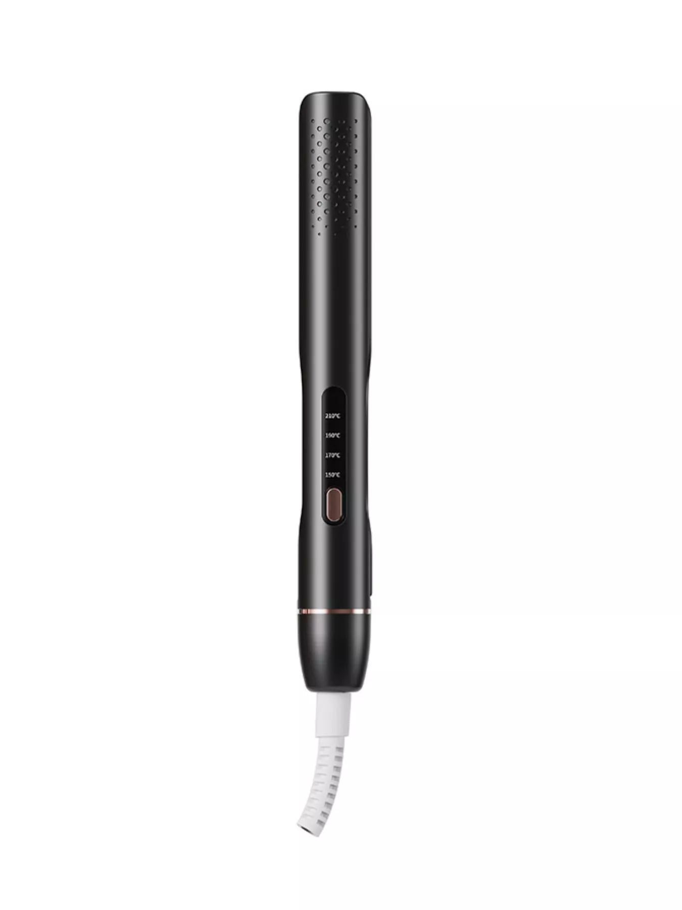 Blush pink Trendsi adjustable temperature hair straightener with European plug, showing ceramic plates and digital temperature controls.