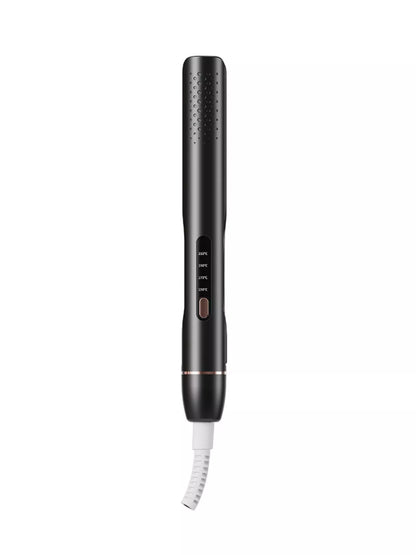 Blush pink Trendsi adjustable temperature hair straightener with European plug, showing ceramic plates and digital temperature controls.