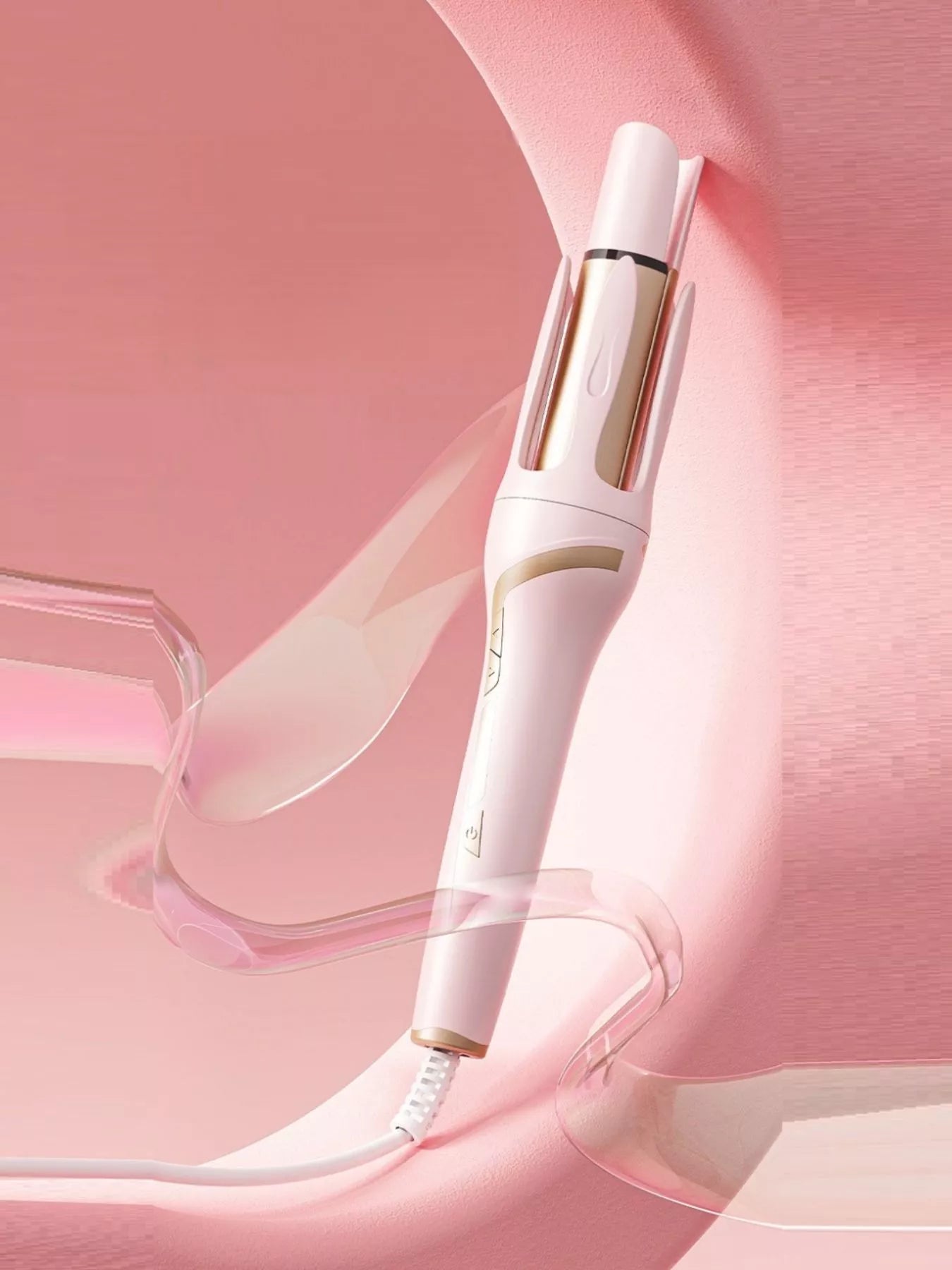 Blush pink automatic rotating ceramic curling iron by Trendsi with European plug for effortless curling and styling.