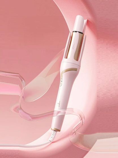 Blush pink automatic rotating ceramic curling iron by Trendsi with European plug for effortless curling and styling.
