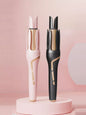 Blush pink automatic rotating ceramic curling iron with European plug for creating smooth, bouncy curls.