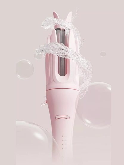 Blush pink automatic rotating ceramic curling iron with European plug, designed for creating smooth, styled curls effortlessly.