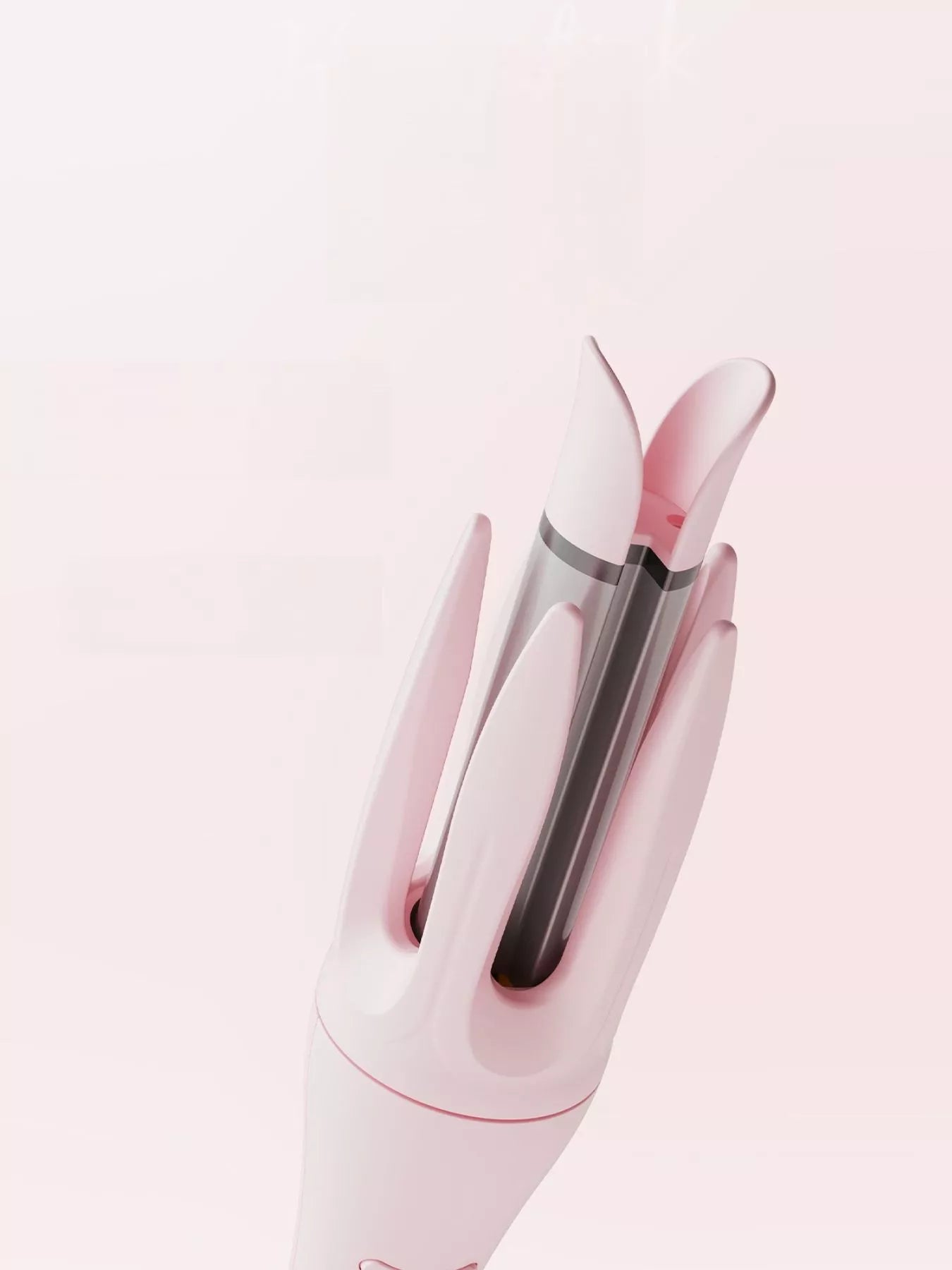 Blush pink automatic rotating ceramic curling iron with European plug, designed for creating smooth, styled curls.