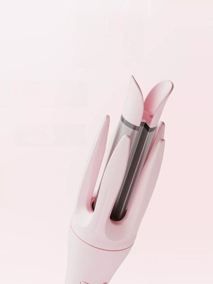 Blush pink automatic rotating ceramic curling iron with European plug, designed for creating smooth, styled curls.