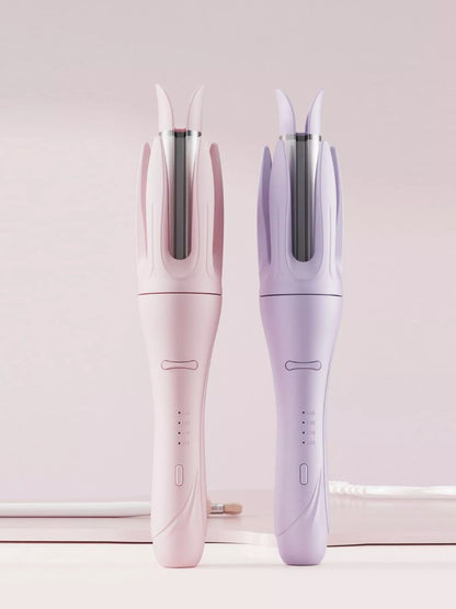Blush pink automatic rotating ceramic curling iron with European plug by Trendsi, showcasing its sleek design and rotating barrel.
