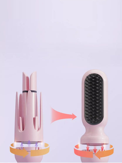 Blush pink automatic rotating ceramic hair curling iron with European plug, designed for creating smooth, bouncy curls.
