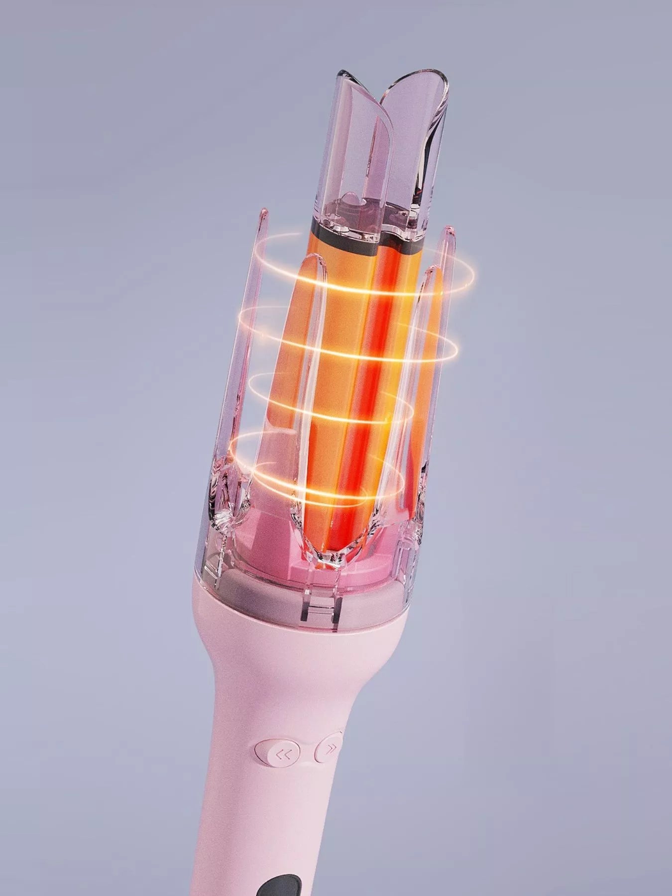 Blush pink automatic rotating ceramic hair curling iron with European plug, designed for creating stylish curls and waves.