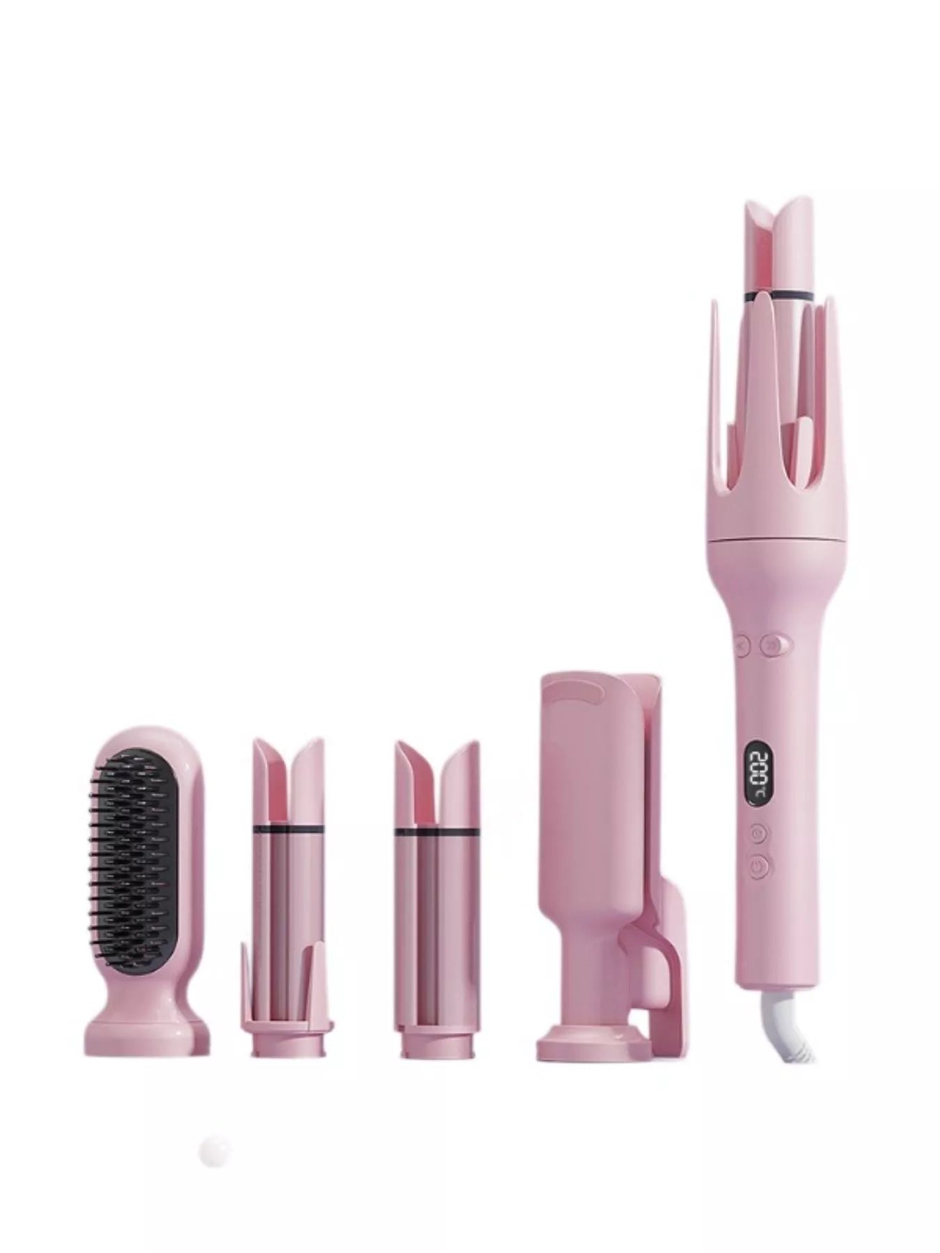 Blush pink automatic rotating ceramic hair curling iron by Trendsi with European plug for easy styling.