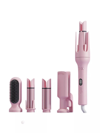 Blush pink automatic rotating ceramic hair curling iron by Trendsi with European plug for easy styling.