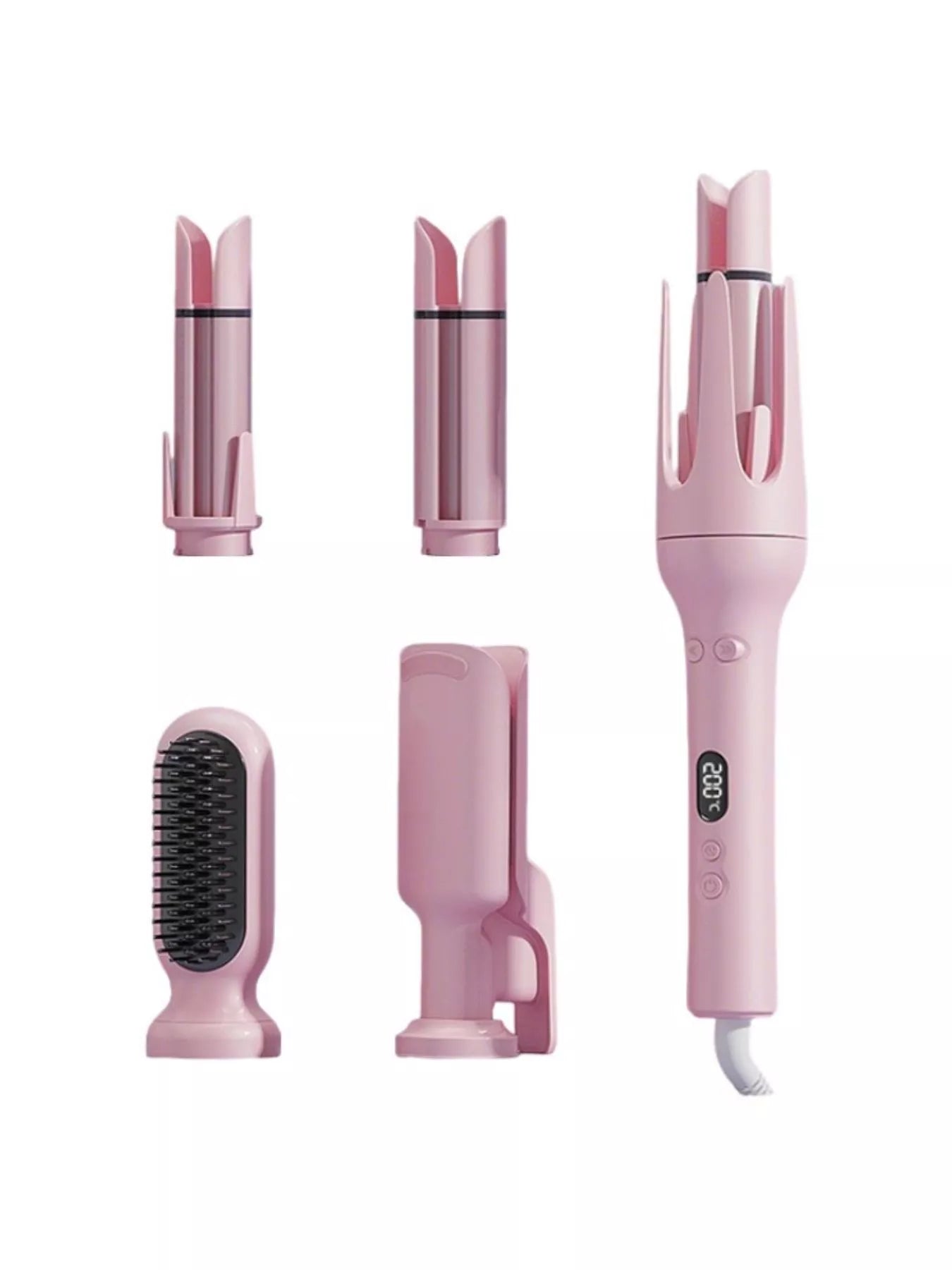 Blush pink automatic rotating ceramic hair curling iron with European plug by Trendsi, showcasing its sleek design and rotating barrel.