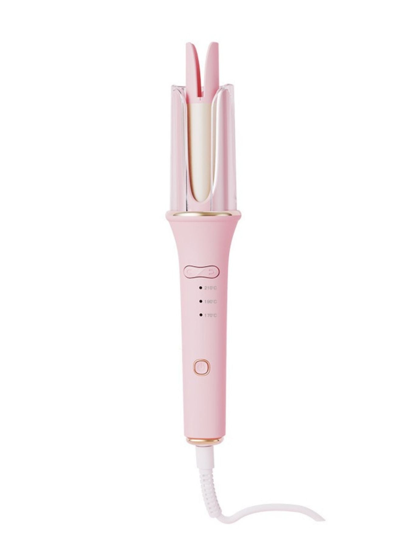 Blush pink automatic rotating ceramic hair curling iron with European plug by Trendsi, designed for smooth, effortless curls.