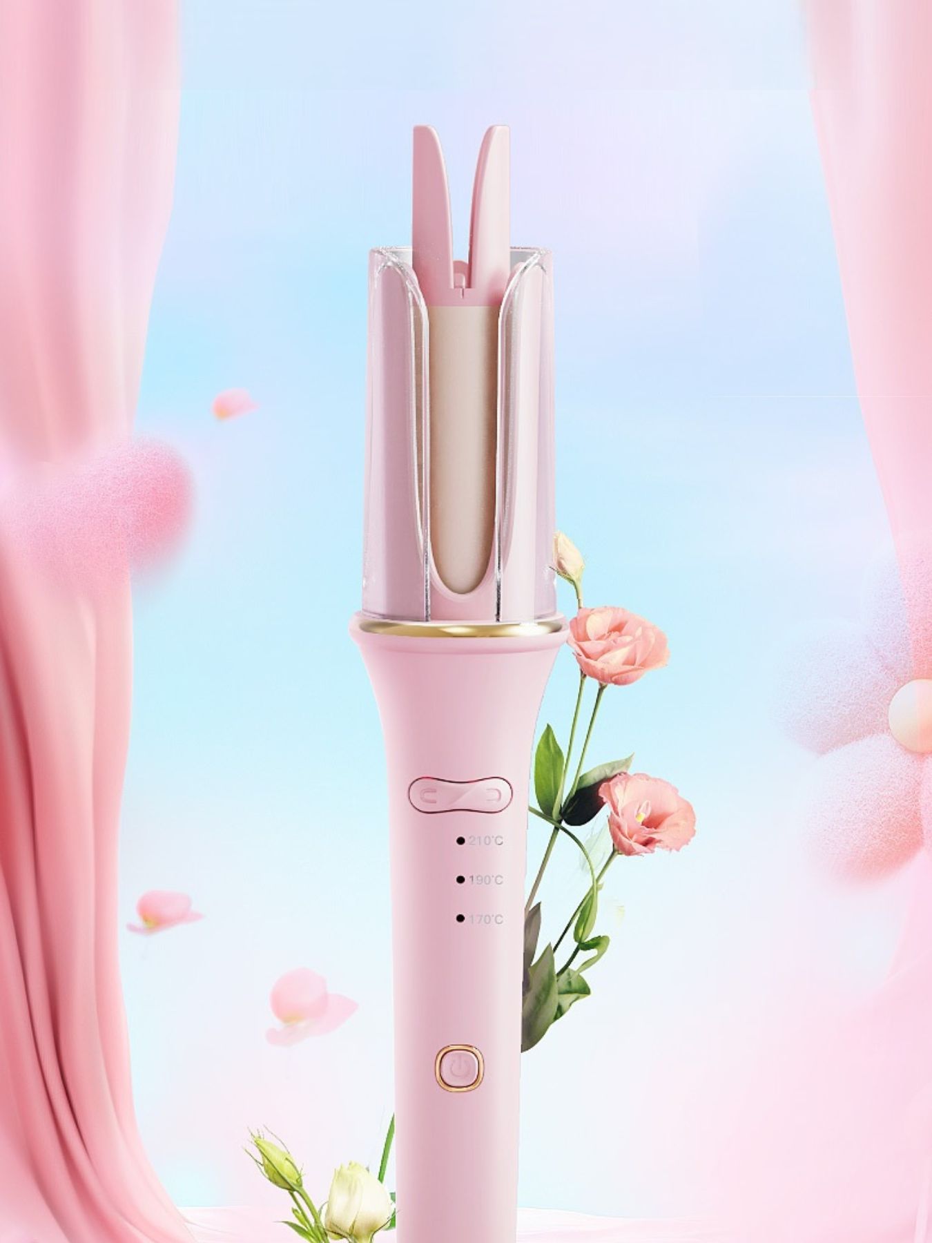 Blush pink automatic rotating ceramic hair curling iron with European plug, designed for easy, even curls by Trendsi.
