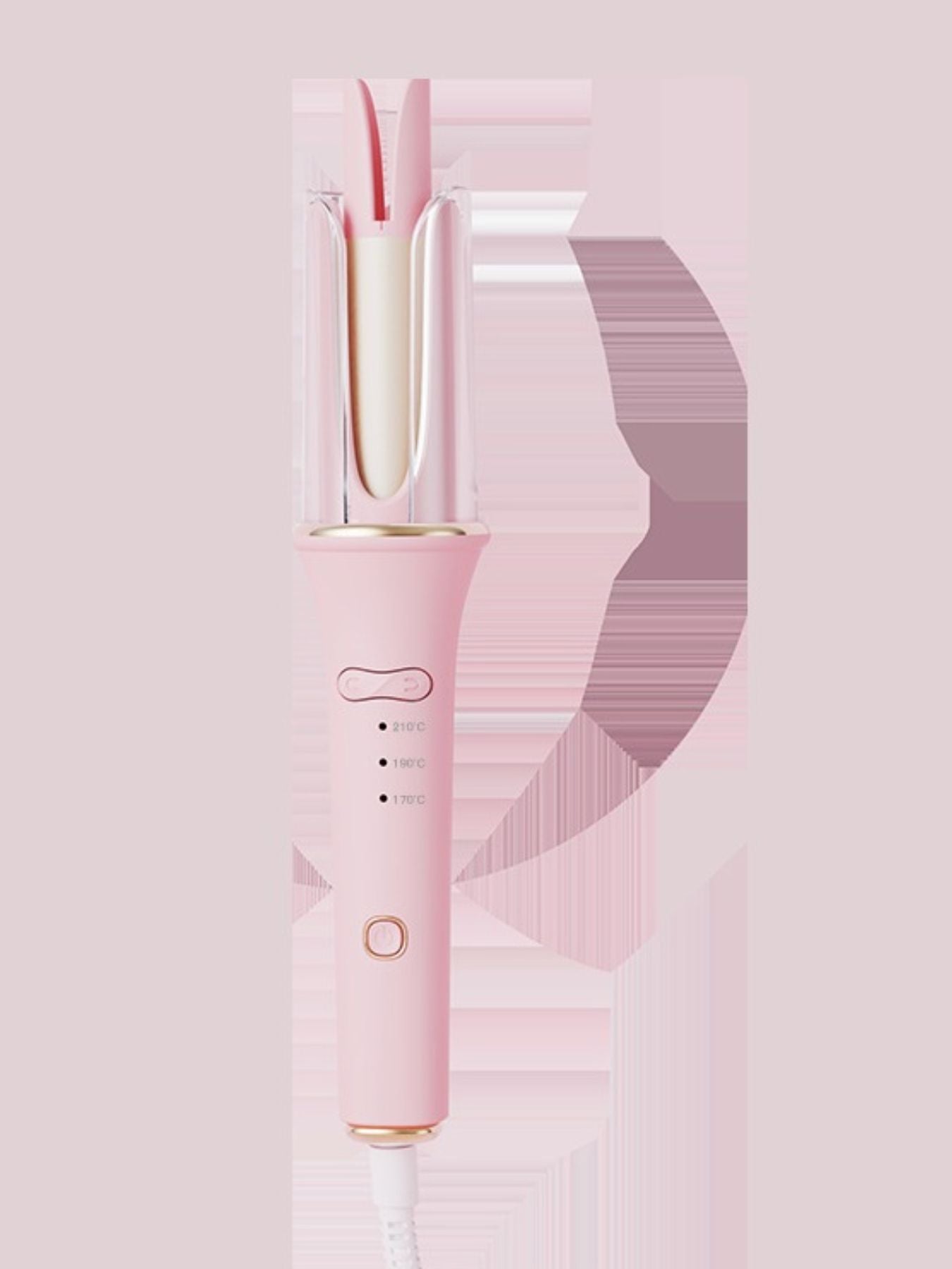 Blush pink automatic rotating ceramic hair curling iron with European plug from Trendsi, designed for creating smooth, bouncy curls.