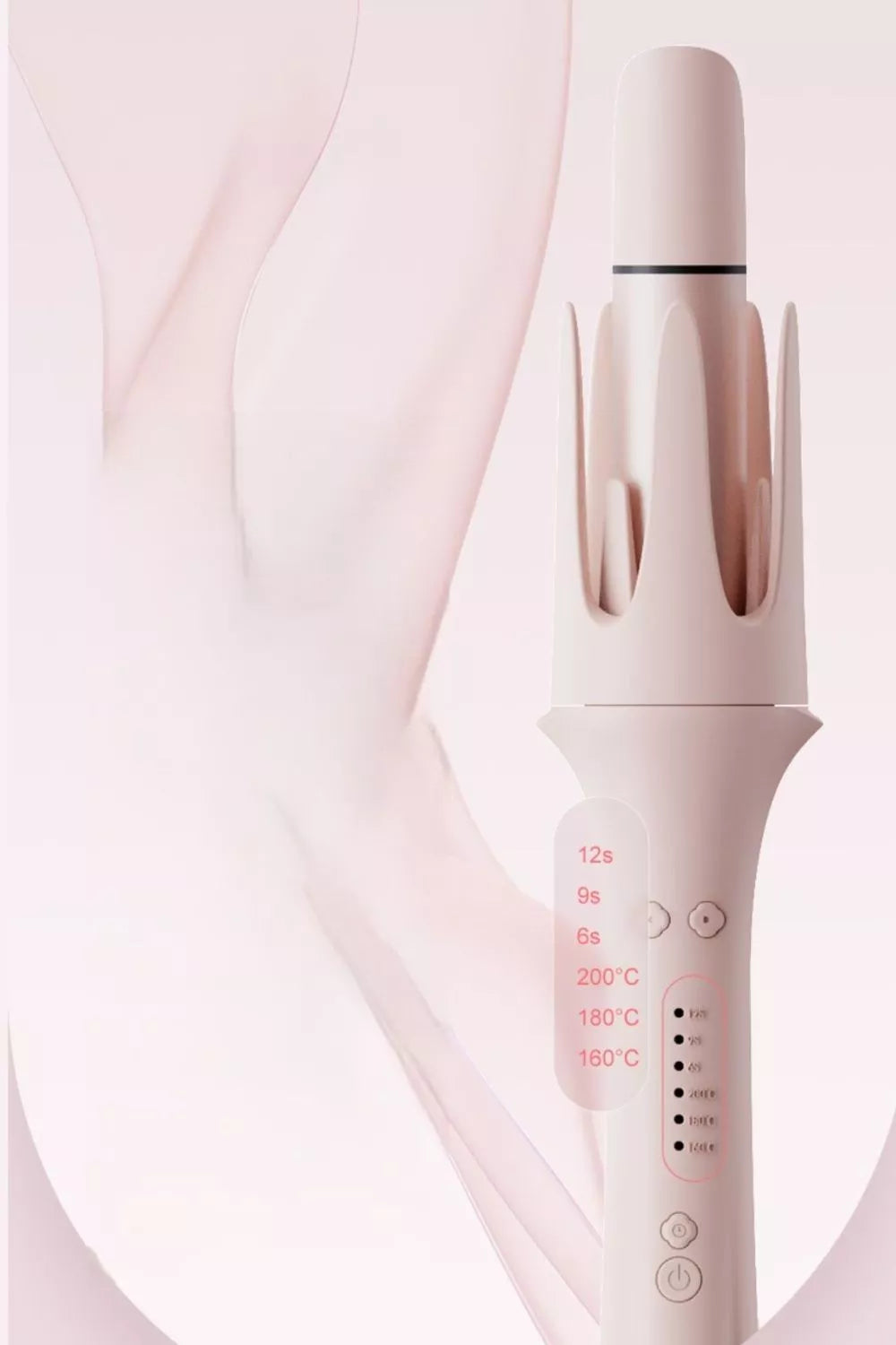 Blush pink automatic rotating curling iron by Trendsi with European plug, showcasing its sleek design and rotating barrel for curls.