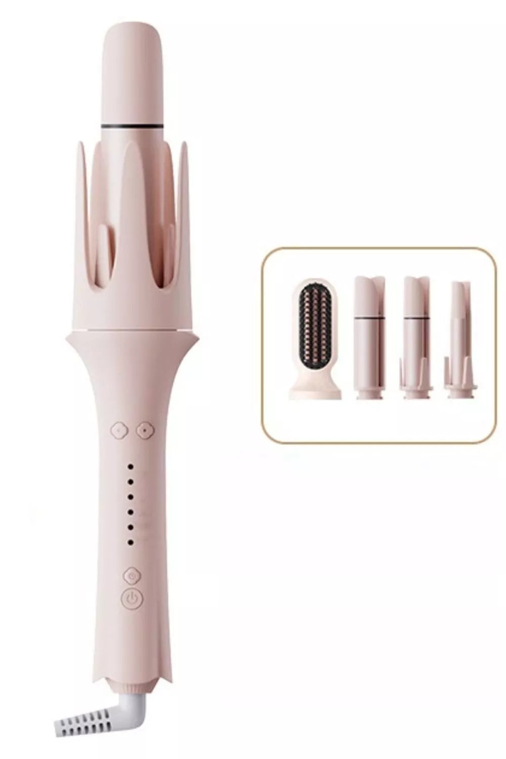 Blush pink automatic rotating curling iron with European plug from Trendsi, showing the curling barrel and handle.