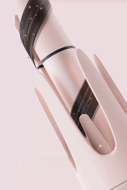 Blush pink Trendsi automatic rotating curling iron with European plug, showing its sleek design and rotating barrel for curls