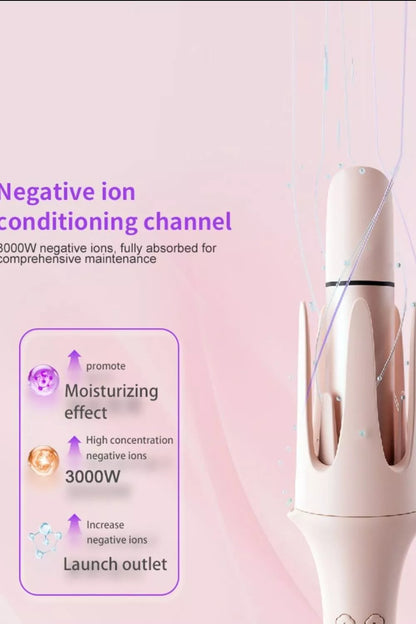 Blush pink automatic rotating curling iron by Trendsi with European plug, showcasing its sleek design and rotating barrel.