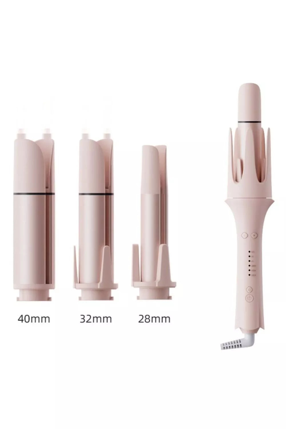 Blush pink automatic rotating curling iron by Trendsi with European plug for effortless, salon-quality curls.