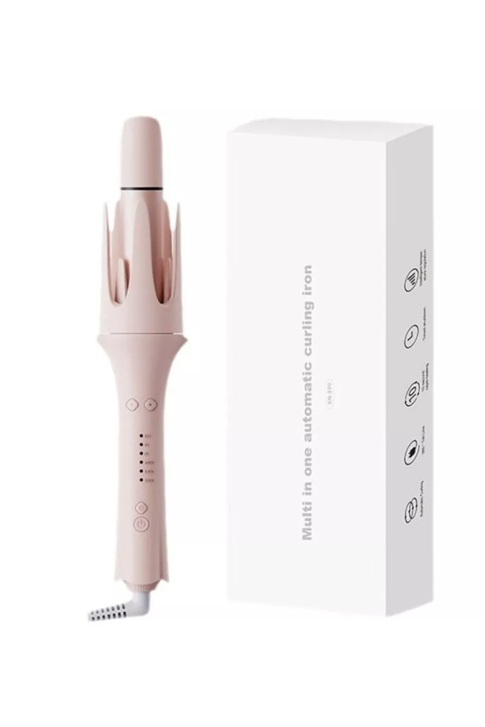 Blush pink automatic rotating curling iron by Trendsi with European plug, showcasing its sleek design and rotating barrel for curls.