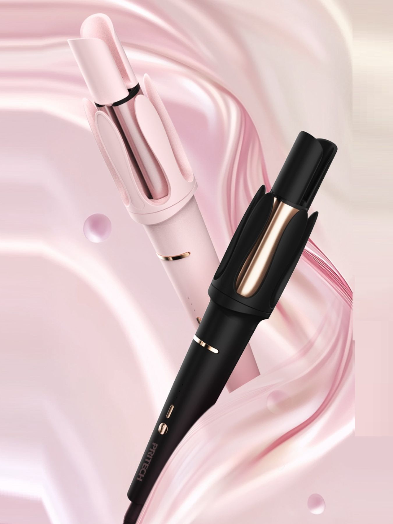 Blush pink automatic rotating hair curling iron with European plug by Trendsi, showcasing its sleek design and rotating barrel.