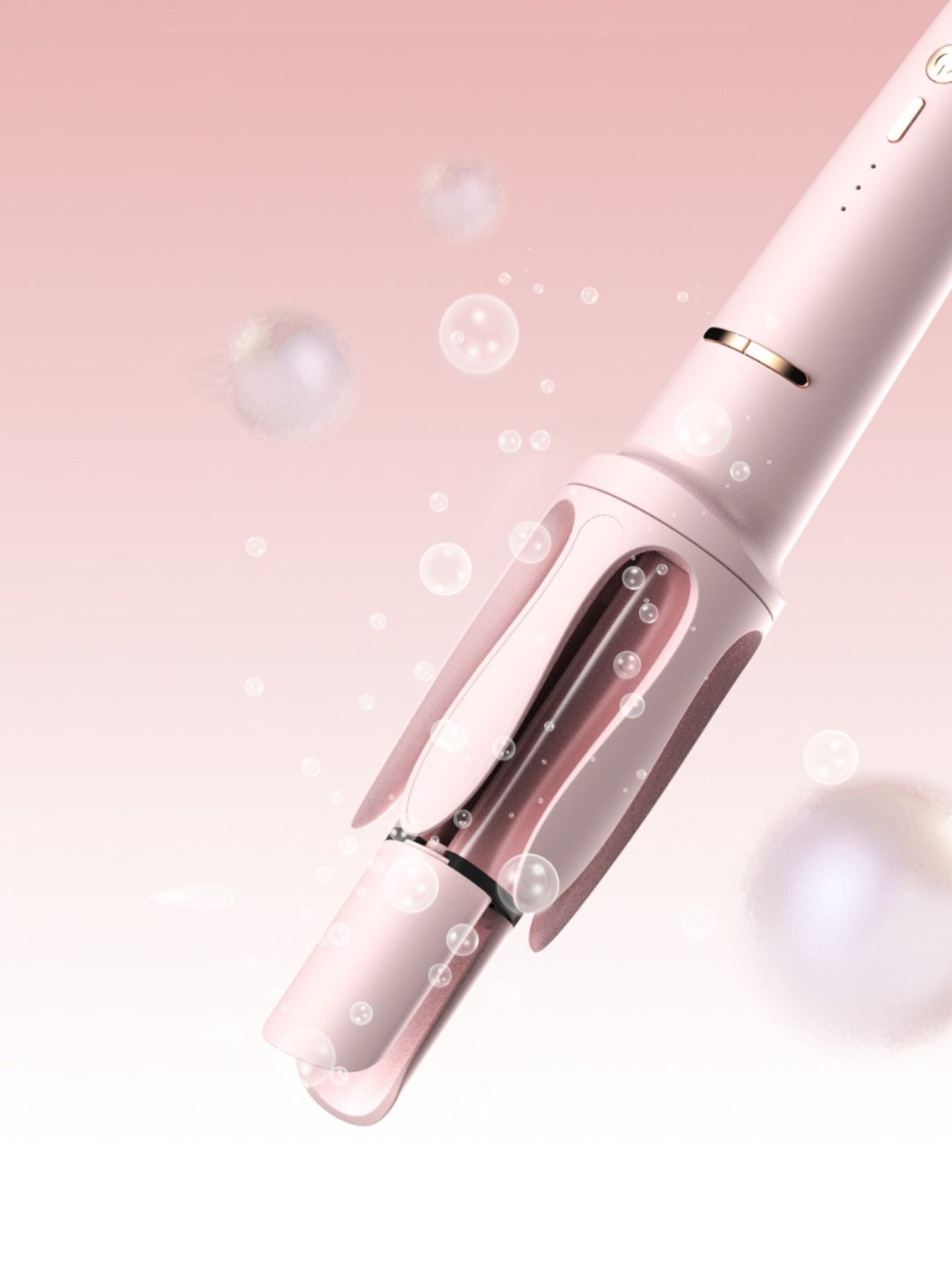 Blush pink automatic rotating hair curling iron with European plug from Trendsi, designed for easy, salon-quality curls.