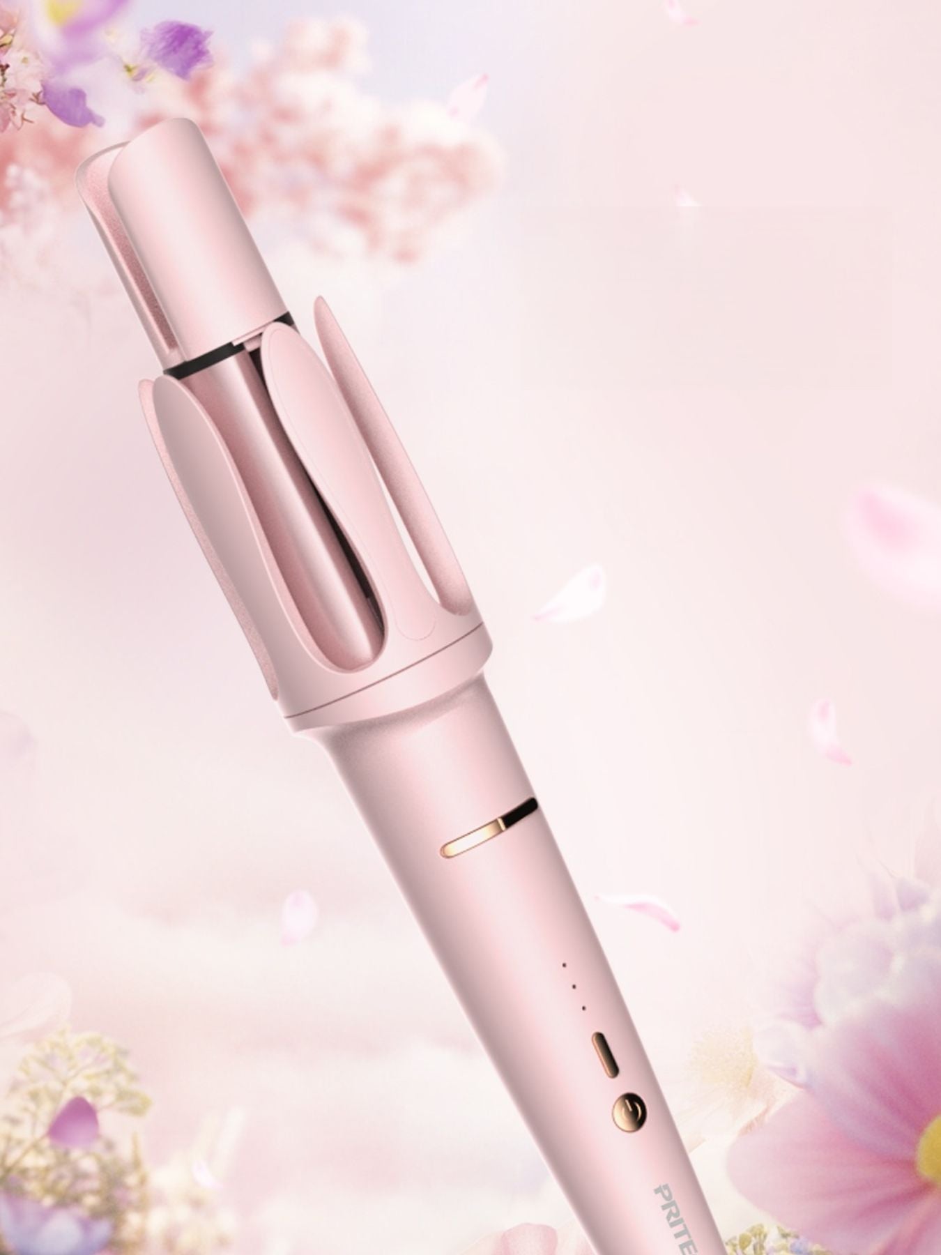 Blush pink automatic rotating hair curling iron with European plug by Trendsi, showcasing its sleek design and curling barrel.