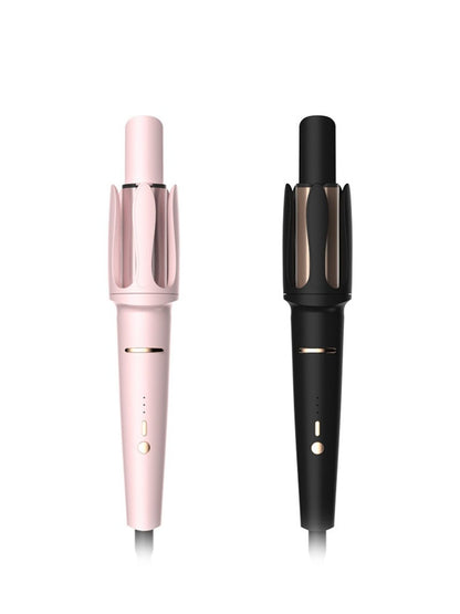 Blush pink automatic rotating hair curling iron with European plug from Trendsi, designed for creating smooth, curly hairstyles.