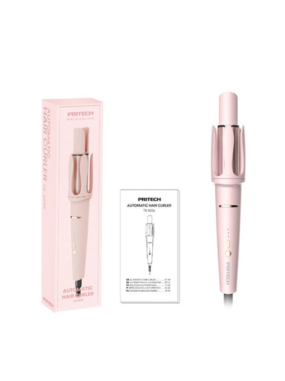 Blush pink automatic rotating hair curling iron by Trendsi with European plug for effortless curls and styling.