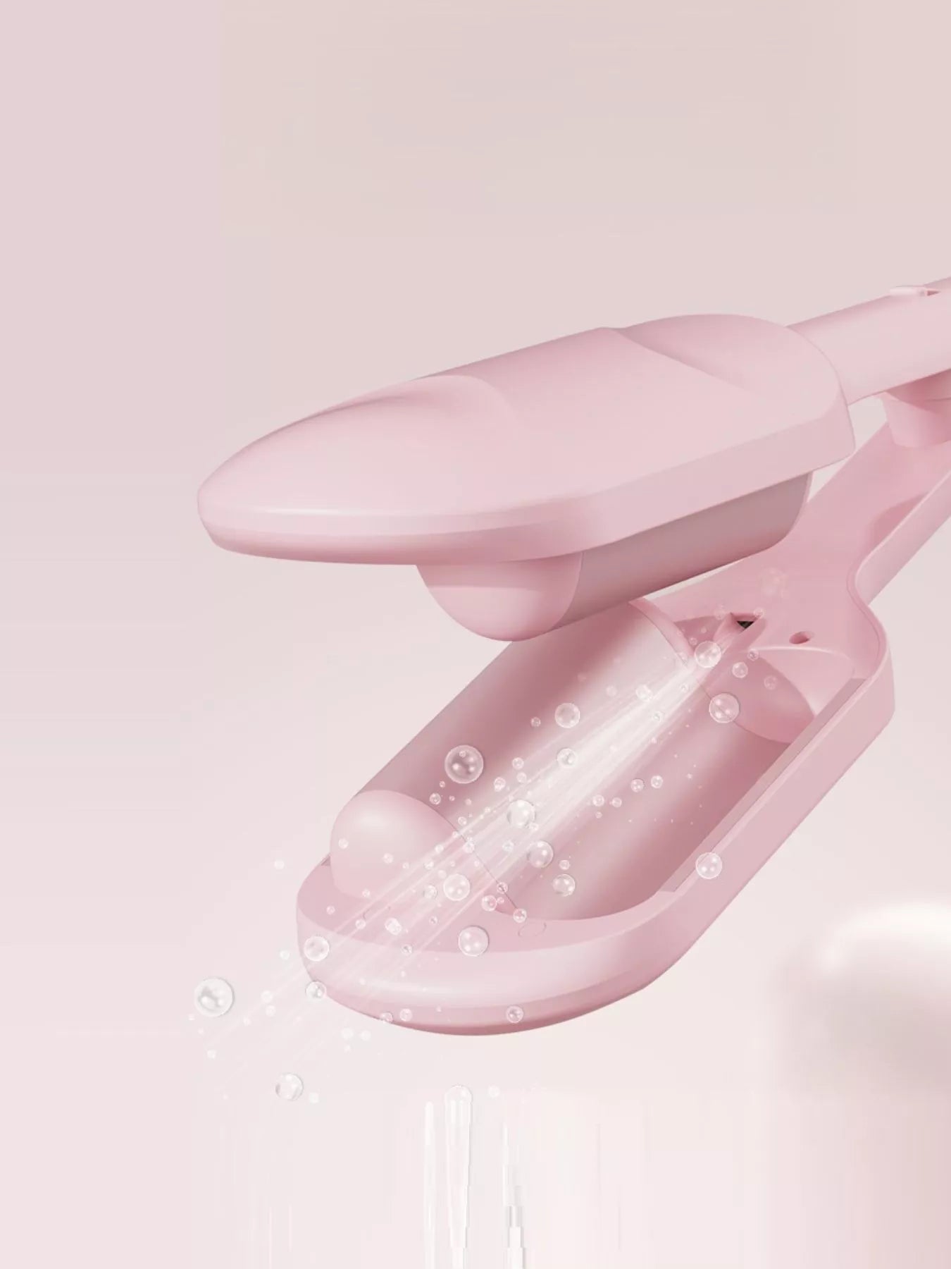 Blush pink Trendsi fast heating curling iron with European plug, showcasing its sleek design and curling barrel for styled hair.