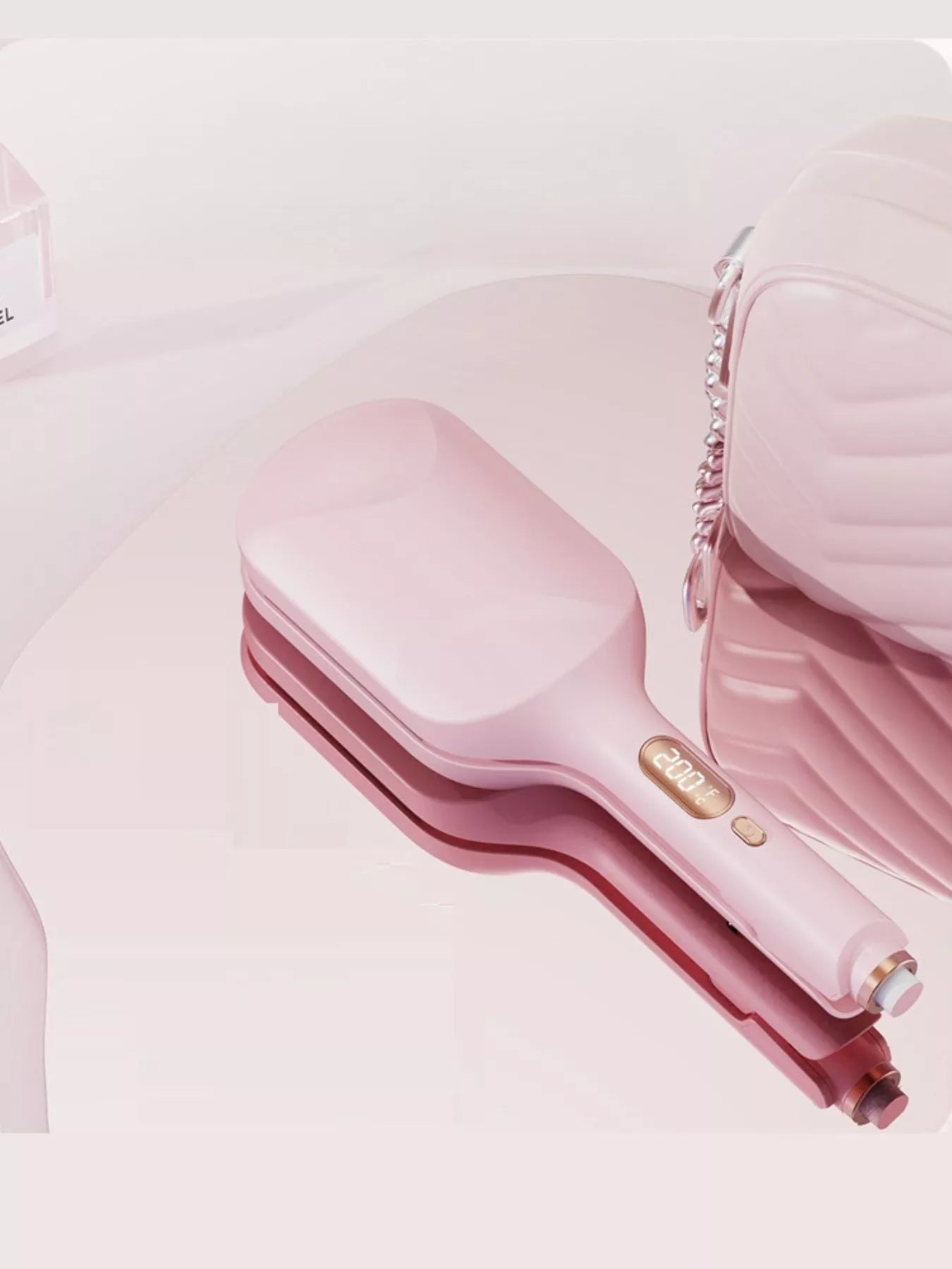 Blush pink Trendsi fast heating curling iron with European plug, showing the barrel and handle for styling hair.
