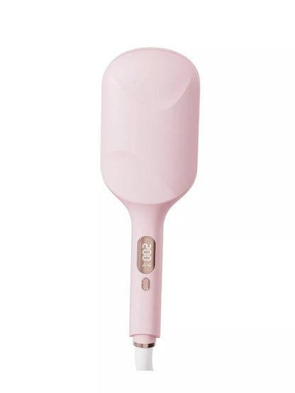 Blush pink Trendsi fast heating curling iron with European plug, styled with smooth, shiny curls on a white background.