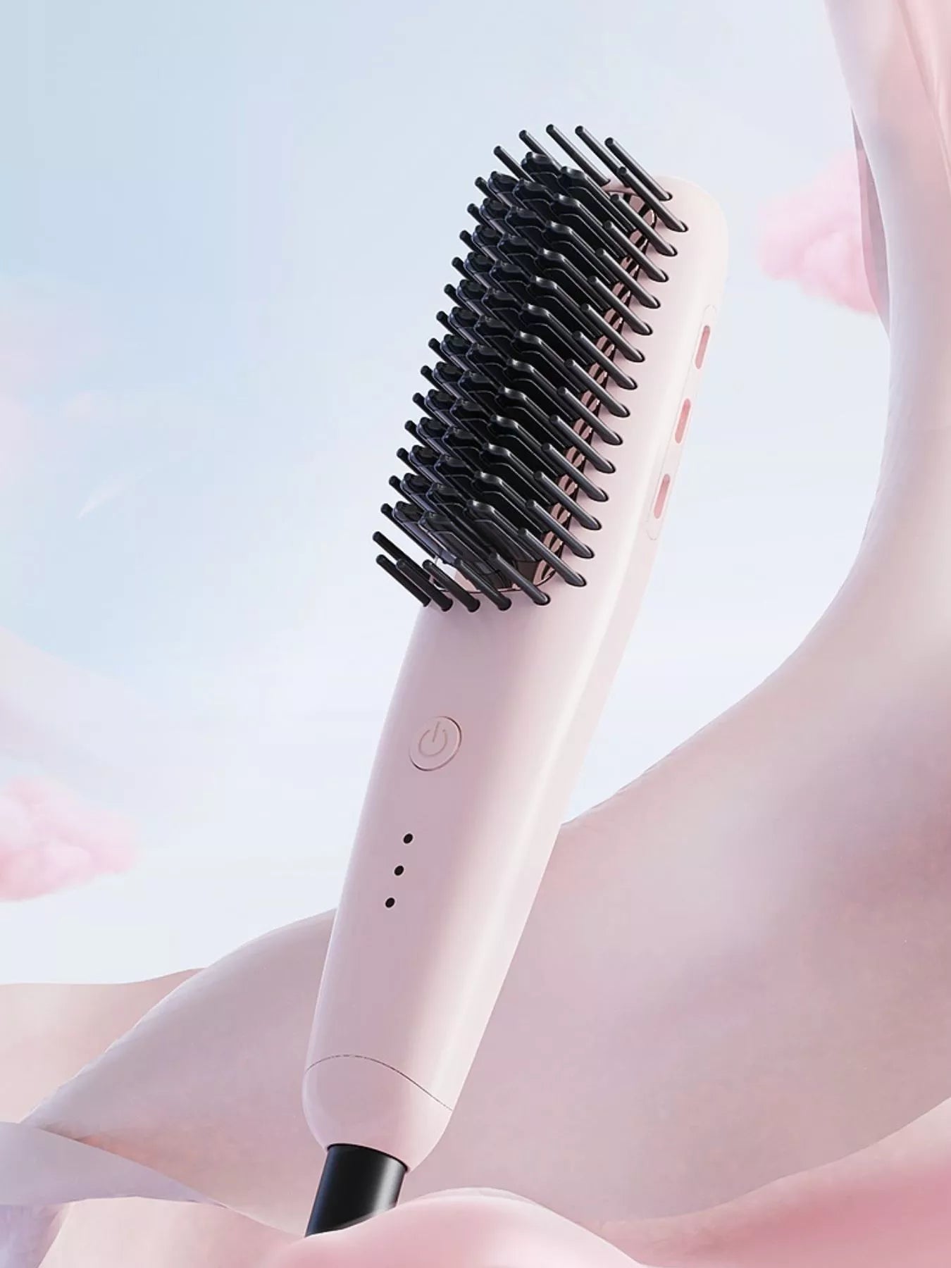 Blush pink Trendsi fast heating straightening comb with European plug, showcasing its sleek design and ceramic heating plates.