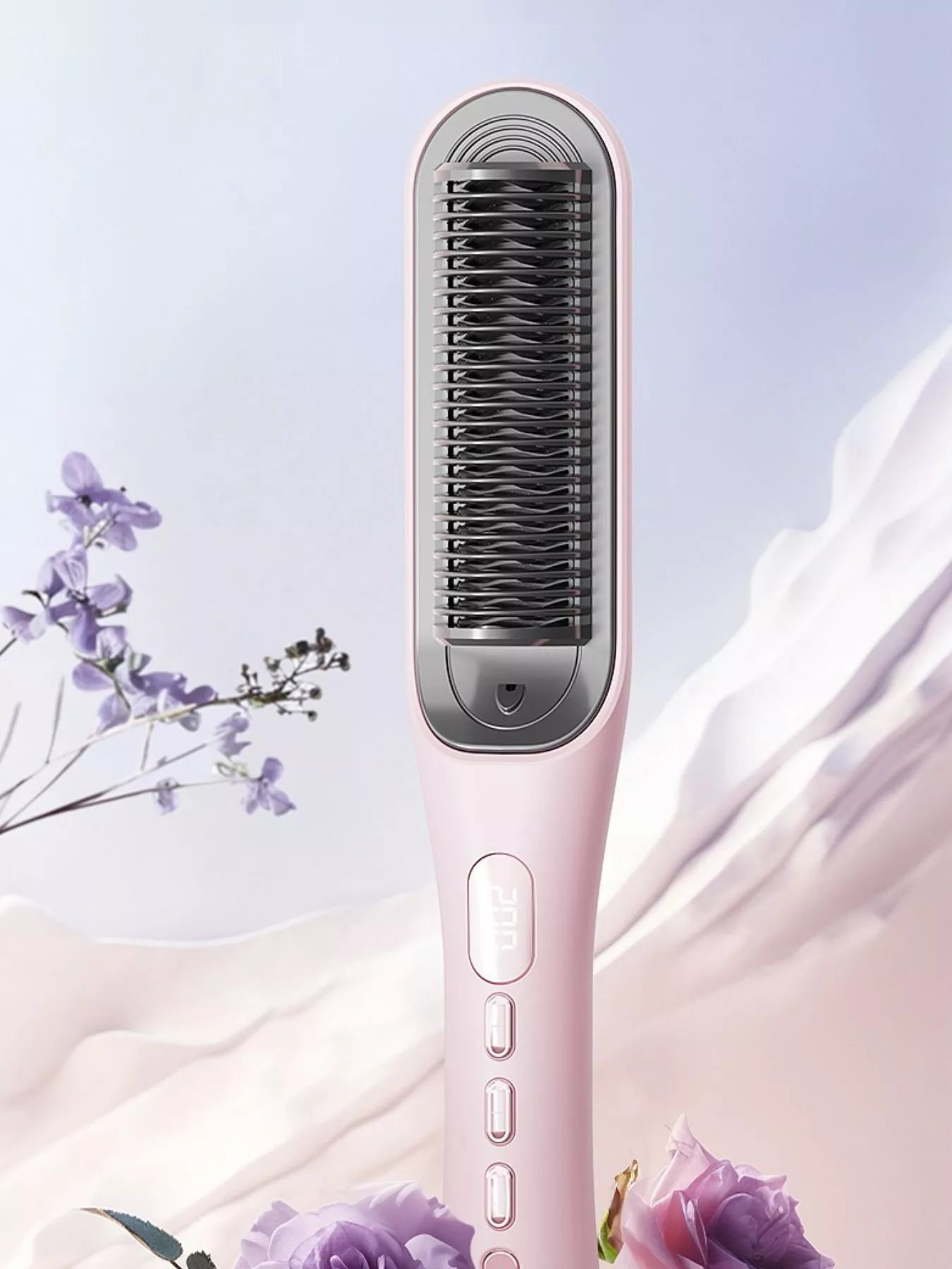 Blush pink Trendsi fast heating straightening comb with European plug for quick hair styling and sleek, straight hair.