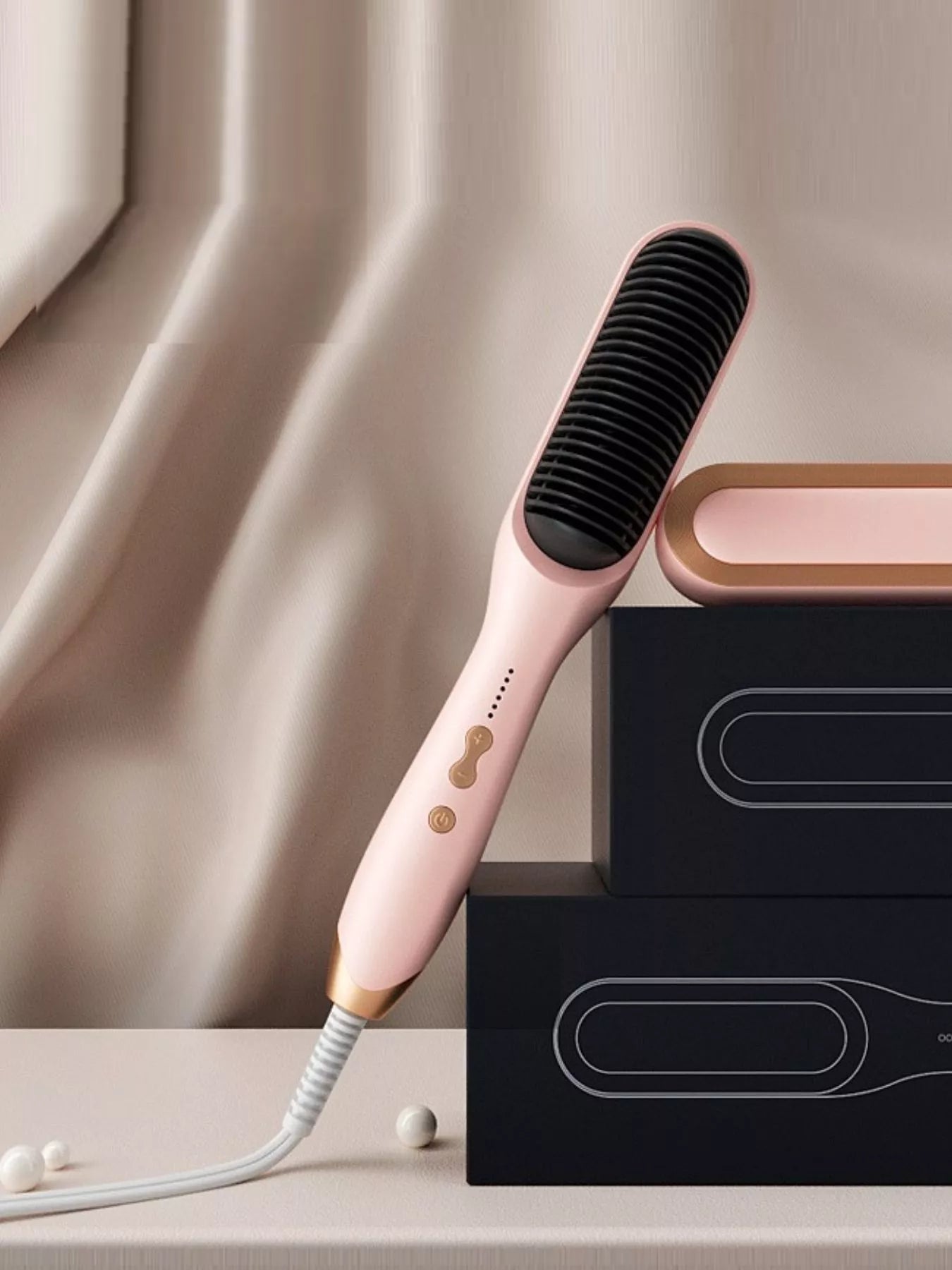 Blush pink Trendsi heated hair straightener with European plug, sleek design for straightening and styling hair.