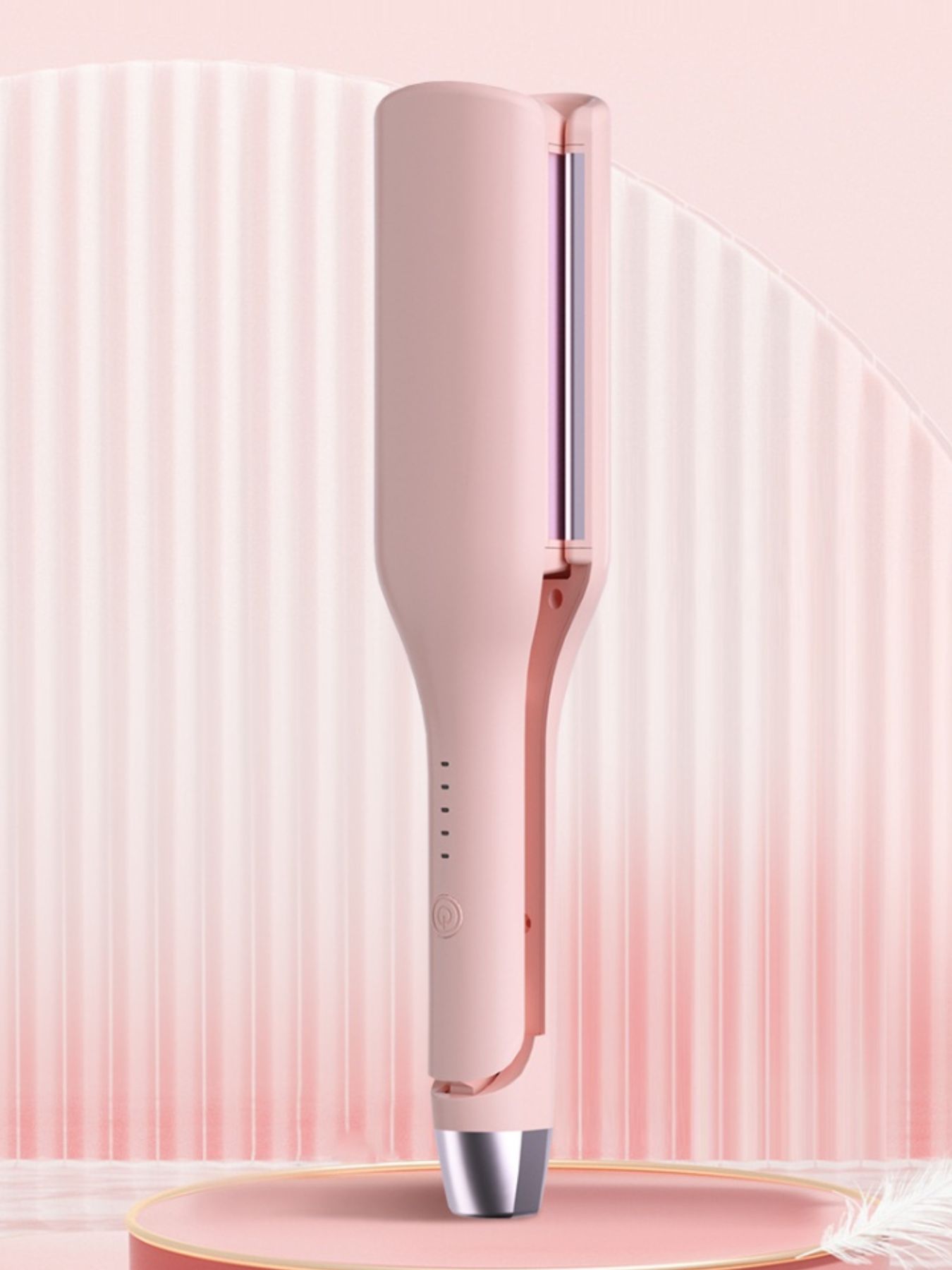 Blush pink Trendsi rotating ceramic hair curling iron with European plug for creating curls and waves.