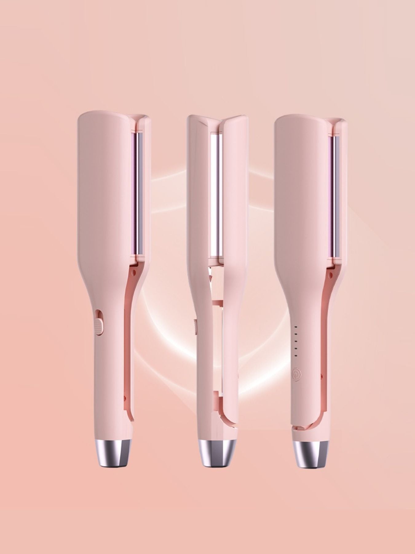 Blush pink Trendsi rotating ceramic hair curling iron with European plug for creating curls and waves.