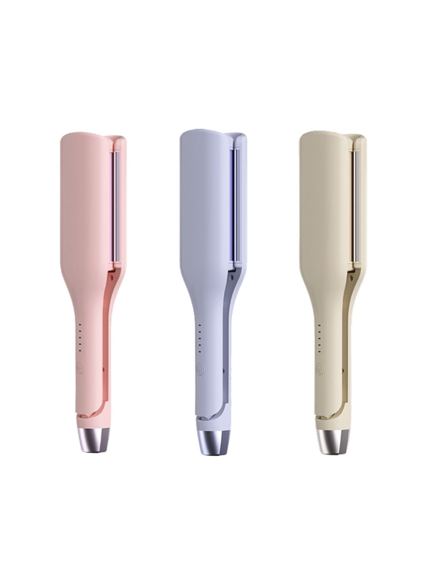 Blush pink rotating ceramic hair curling iron with European plug, designed for creating styled curls and waves.