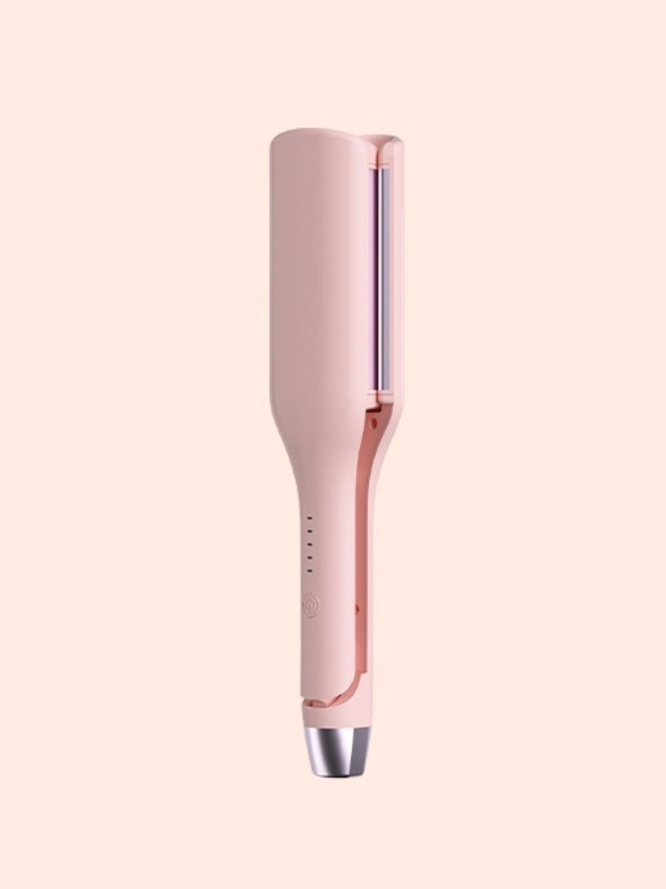 Blush pink Trendsi rotating ceramic hair curling iron with European plug for styling curls and waves.