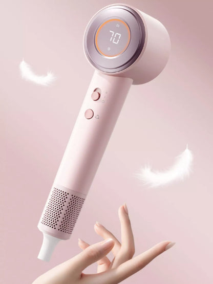 Blush pink Trendsi high-speed hair dryer with temperature control and European plug, sleek design for fast hair drying.