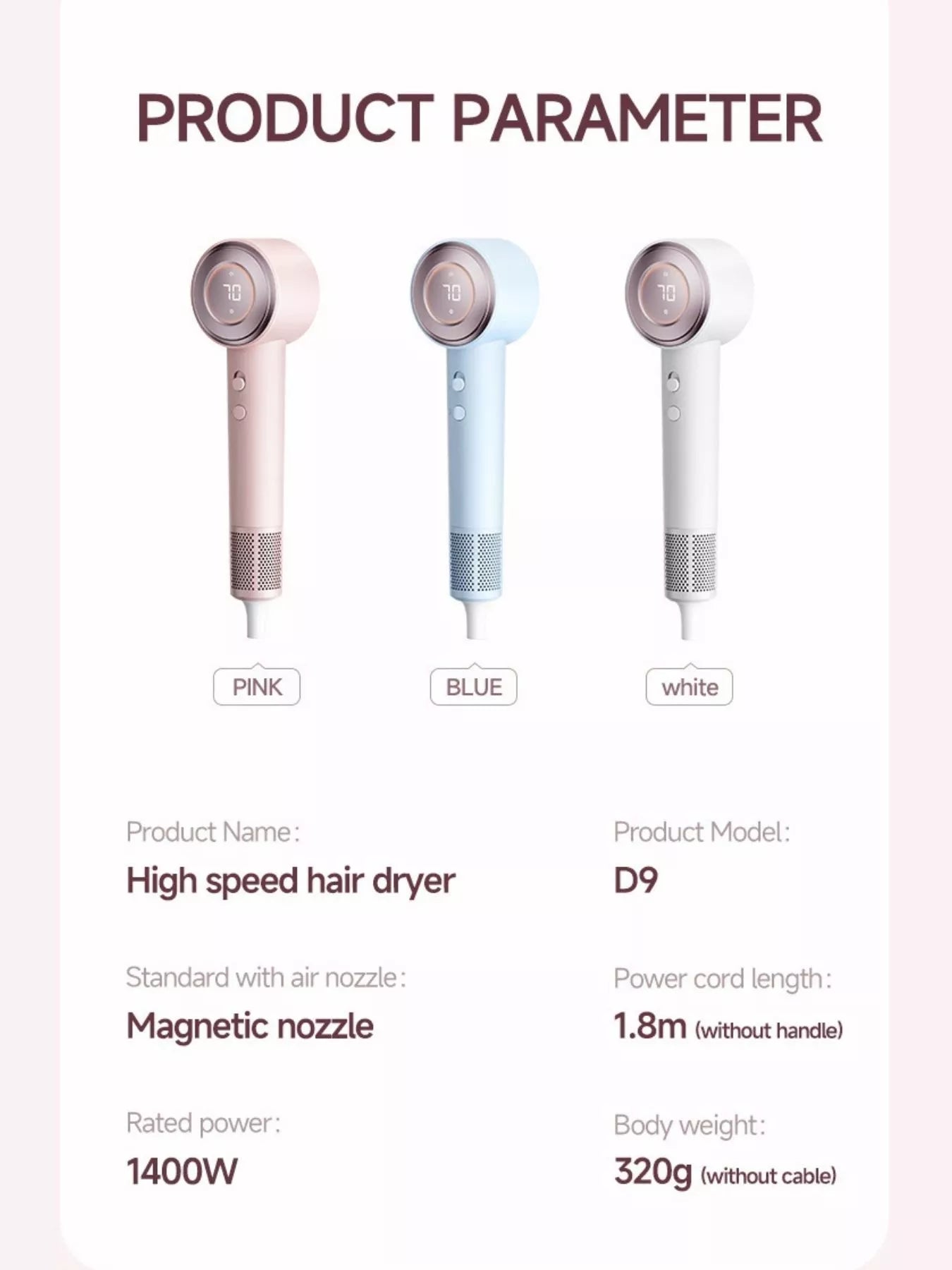 Blush pink Trendsi high-speed hair dryer with temperature control and European plug for fast, efficient styling.