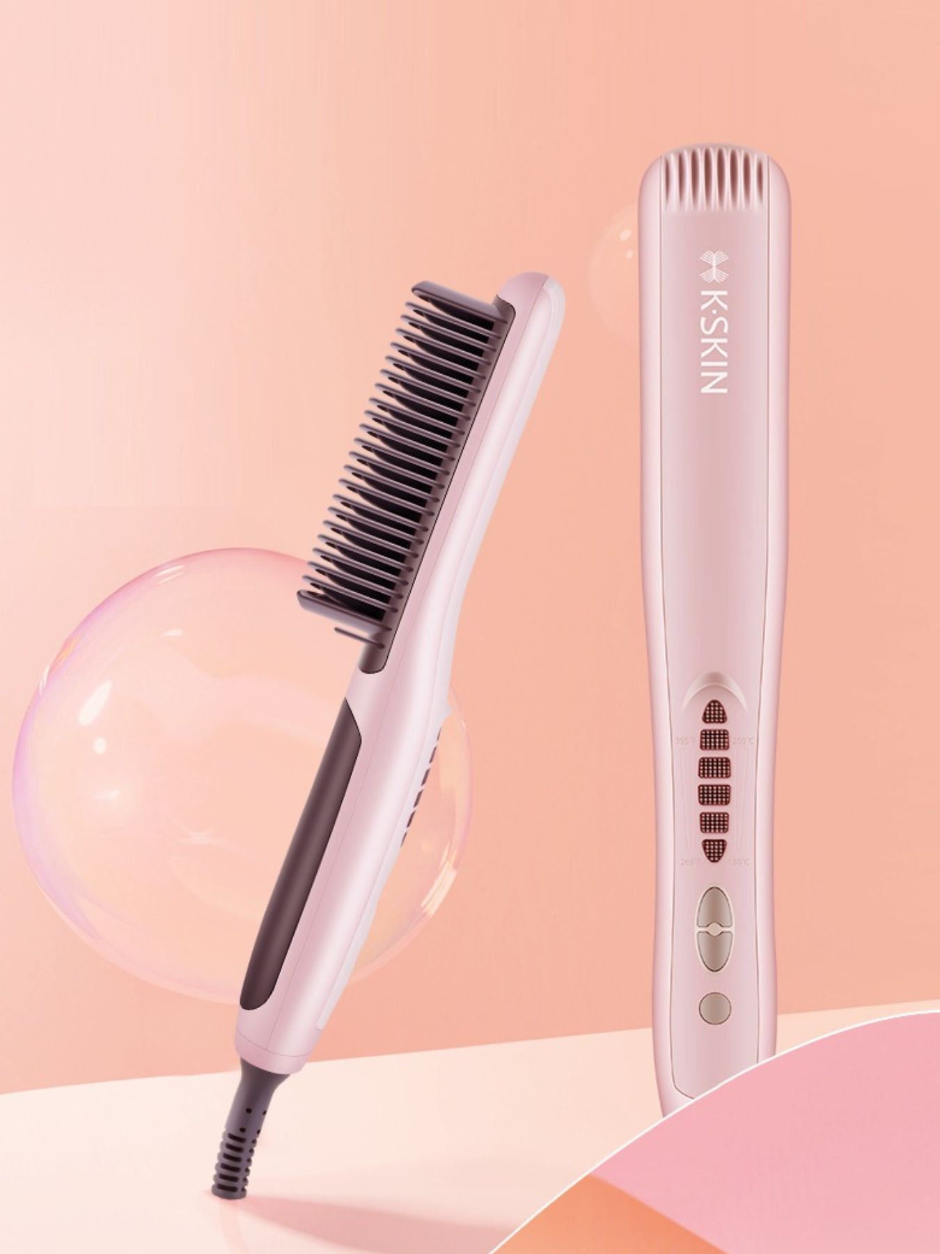 Blush pink Trendsi heated hair straightening comb with North American plug, showcasing its sleek design and styling plates.