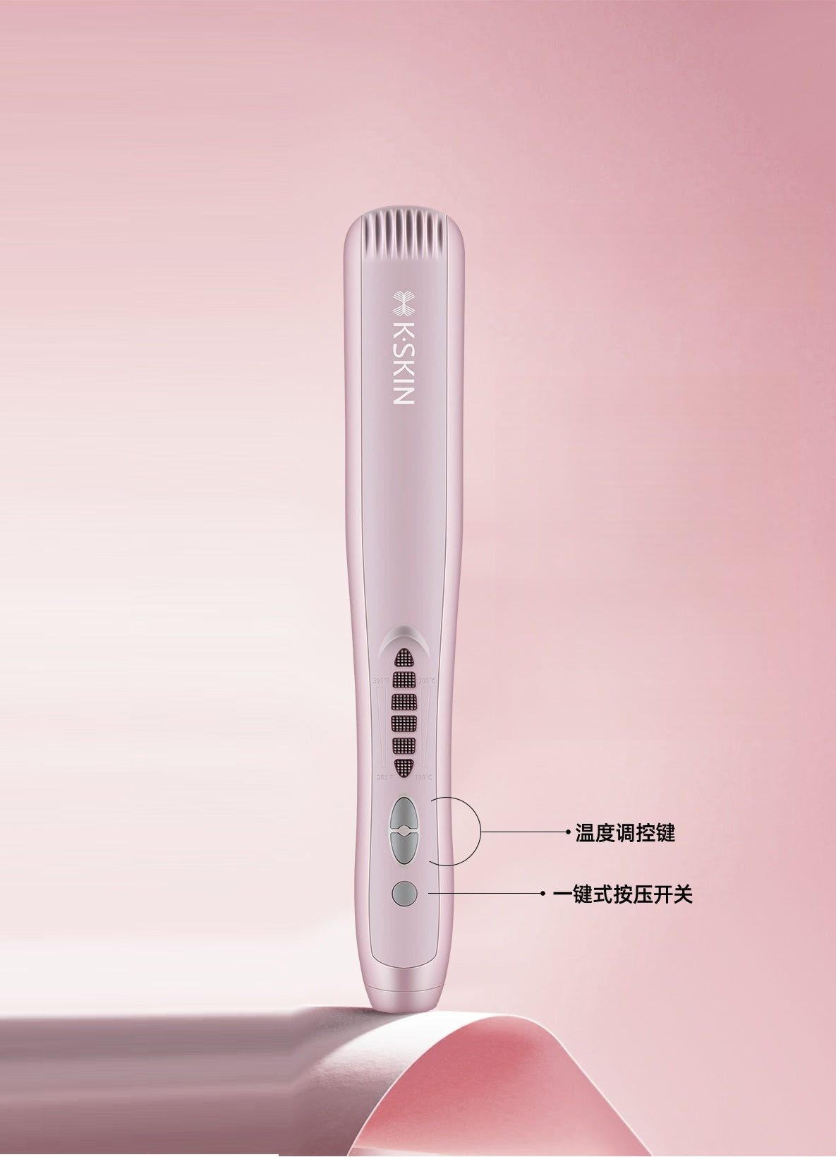 Blush pink Trendsi heated hair straightening comb with North American plug, showcasing its sleek design and ceramic heating plates.