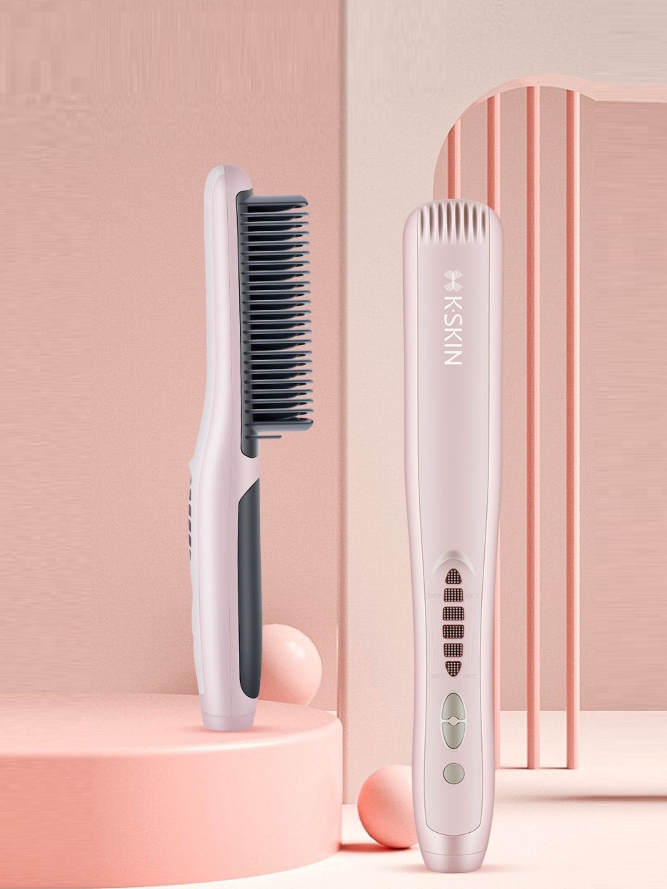 Blush pink Trendsi heated hair straightening comb with North American plug, displaying ceramic plates and ergonomic handle.