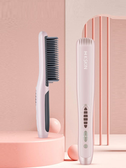 Blush pink Trendsi heated hair straightening comb with North American plug, displaying ceramic plates and ergonomic handle.