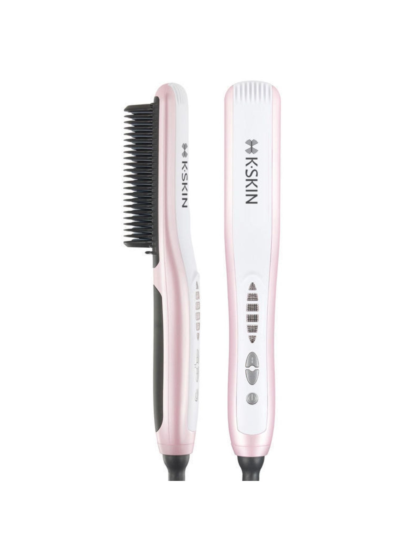 Blush pink heated hair straightening comb by Trendsi with North American plug, designed for smooth, straight hair styling.