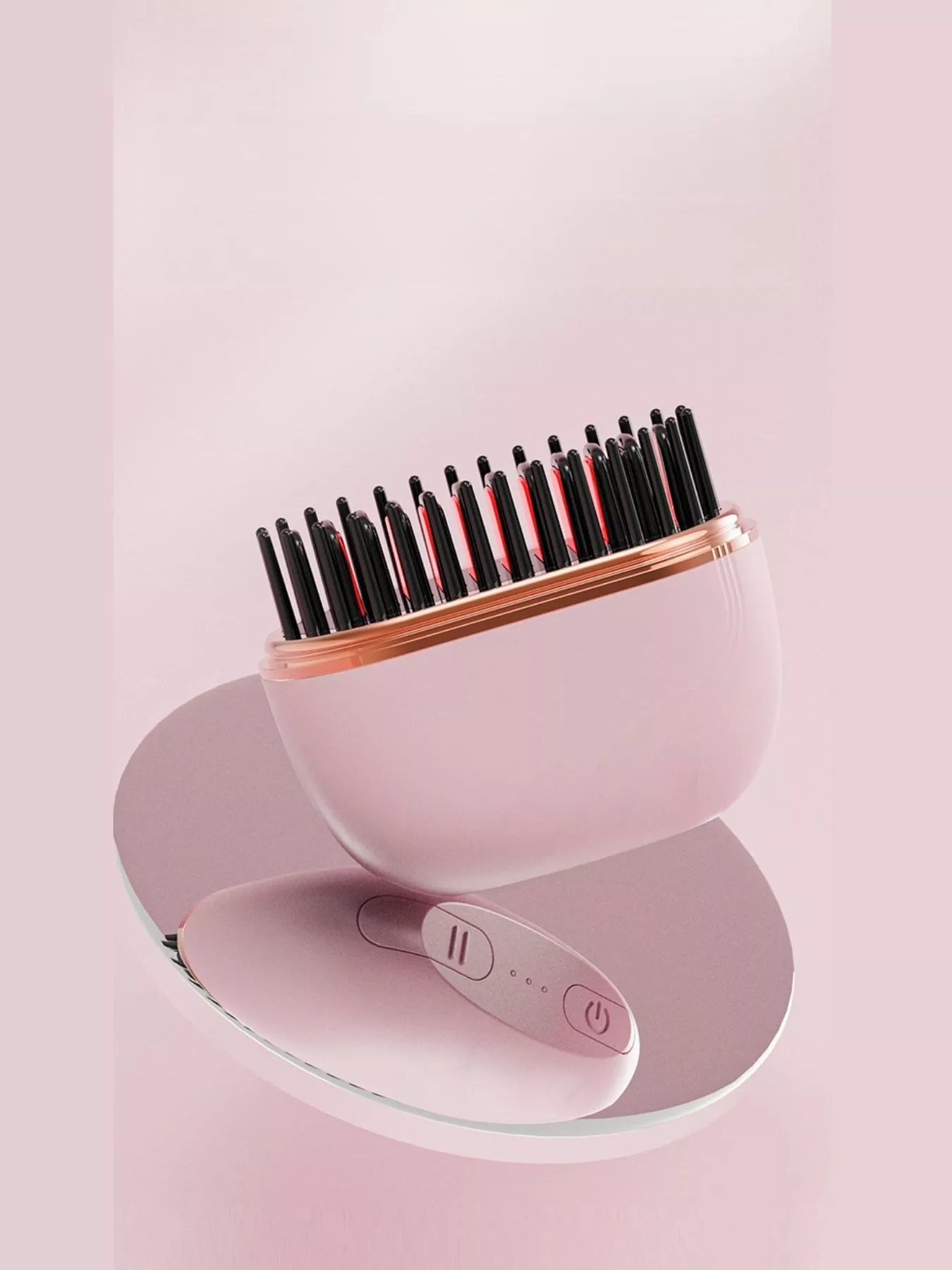 Blush pink portable hair straightening comb by Trendsi, compact design with ceramic plates for smooth styling.