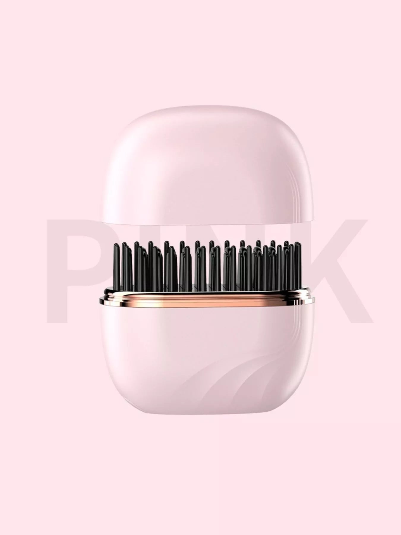 Blush pink portable hair straightening comb by Trendsi, compact design with heated teeth for quick styling.